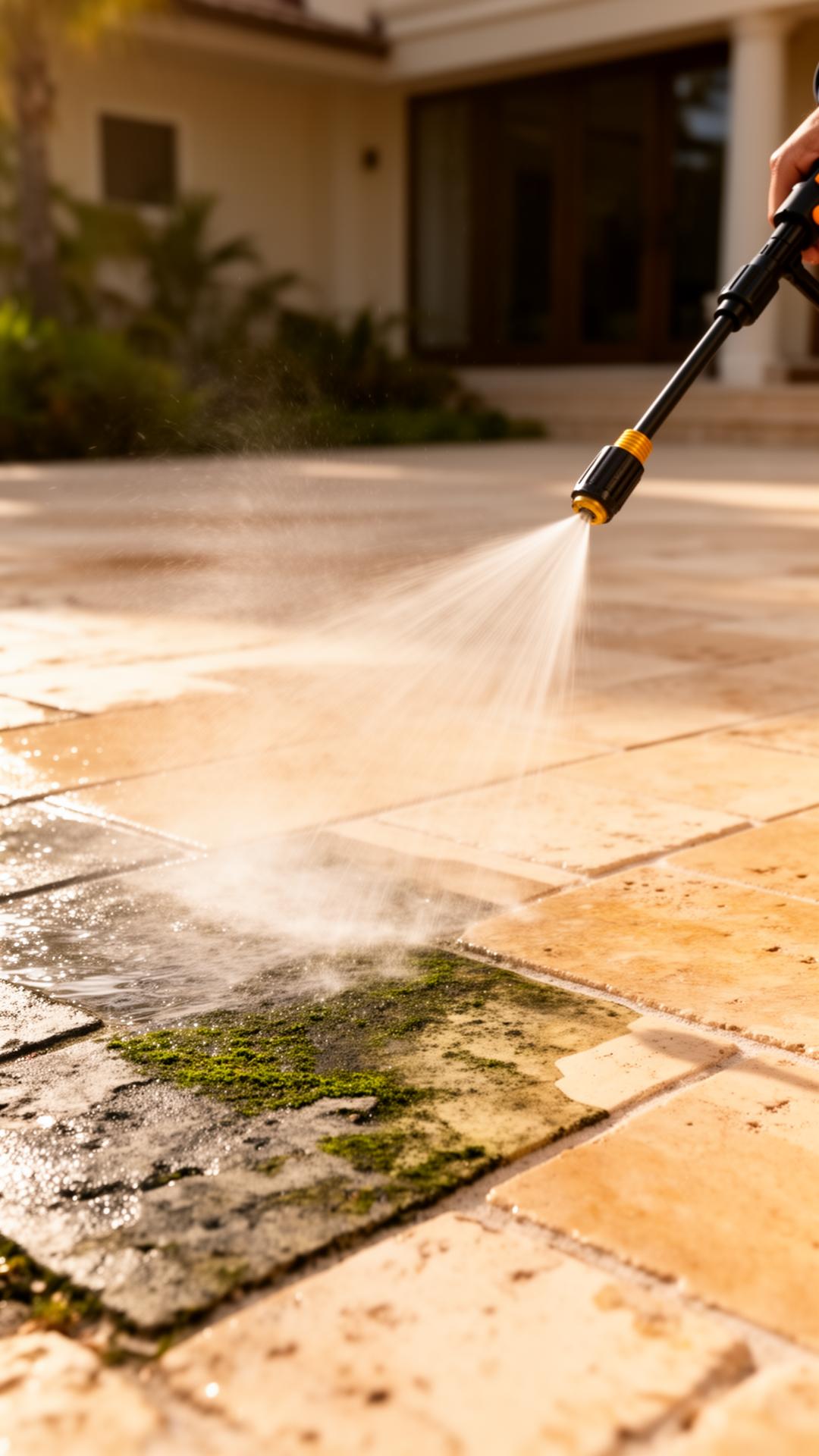Soft-wash wand cleaning a stone patio at a Caribbean villa
